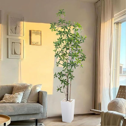 Artificial Brave Ficus Tree 7FT-Faux Tree with White Tall Planter-Fake Potted Tree with Silk Leaves-Tall Artificial Plants for Home Office Living Room Hallway Decor Indoor
