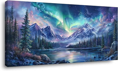 Aurora Borealis Canvas Wall Art Northern Lights Wall Printing Farmhouse Abstract Snow Mountain Tree Forest Scenery Canvas Nature Large Landscape Artwork For office Home Décor Ready to Hang 60L" x 30W"