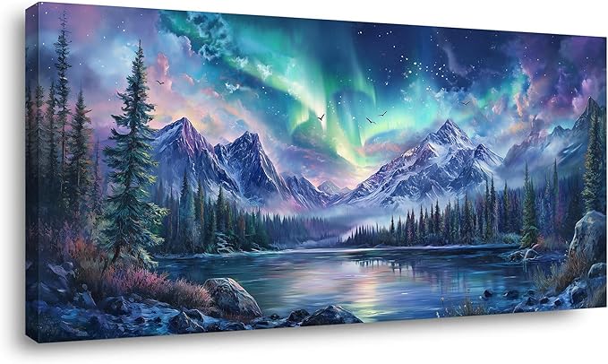 IDAFU Aurora Borealis Canvas Wall Art Northern Lights Wall Printing Farmhouse Abstract Snow Mountain Tree Forest Scenery Canvas Nature Landscape Artwork For office Home Décor Ready to Hang 32L x 16W