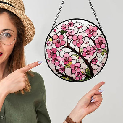 Stained Glass Window Hanging - Cherry Blossoms Birth Flower Suncatcher for Door Garden Patio Sun Catchers Decor Christmas Mother's Day Birthday Gifts for Women Mom Nana Friend Wife 7.8 in