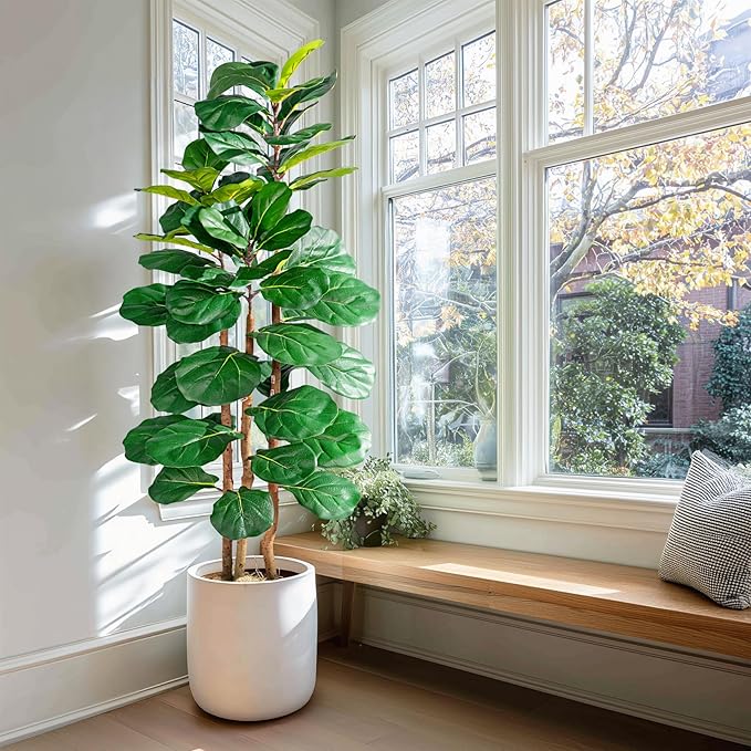 Large Artificial ficus Tree Tall Faux Plastic Plants Flowers Indoor Outdoor Realistic Floor Plant Fake Fiddle Leaf fig Trees for House Home Living Room Office Front Porch Modern Farmhouse Decor