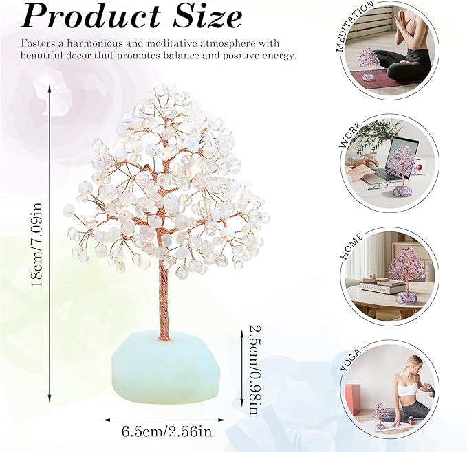 SITUMEIZI Opal Healing Crystals Tree 7.09IN Healing Stones Opalite Natural Crystals Base Copper Wire Tree Life Gifts for Women Room Office Desk Decor Spiritual Meditation Energy Feng Shui Reiki