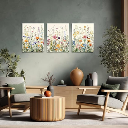 LLEEMPI Framed Watercolor Floral Wall Art Set of 3, Colorful Wildflower Wall Decor, Modern Abstract Botanical Canvas Painting, Rustic Farmhouse Poster Print for Bedroom Bathroom Office 12x16 Inch