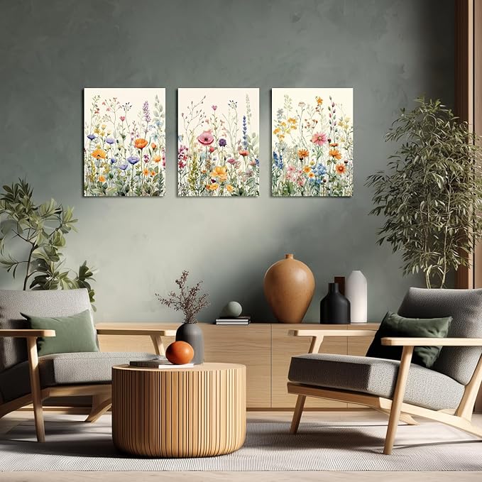 LLEEMPI Framed Watercolor Floral Wall Art Set of 3, Colorful Wildflower Wall Decor, Modern Abstract Botanical Canvas Painting, Rustic Farmhouse Poster Print for Bedroom Bathroom Office 16x24 Inch