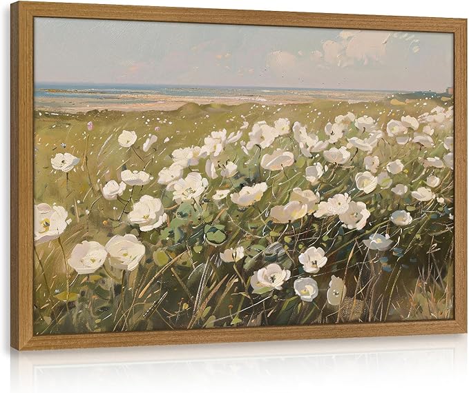 CAZLOUC Vintage Coastal Wall Art, White Wildflower Wall Decor, Rustic Farmhouse Landscape Canvas Painting, Nature Seaside Floral Poster Print for Bedroom Living Room Office Wood Framed 16x24 Inch