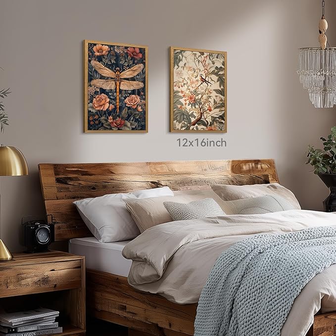 CAZLOUC Vintage Dragonfly Wall Art, William Morris Botanical Wall Decor, Neutral Insect Flower Poster Print, Dark Nature Floral Aesthetic Picture for Living Room Bedroom Wood Framed 16x24 Inch