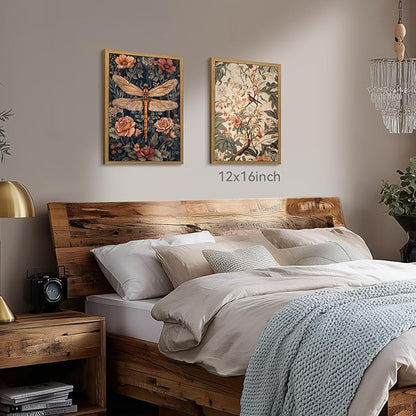 CAZLOUC Vintage Dragonfly Wall Art, William Morris Botanical Wall Decor, Neutral Insect Flower Poster Print, Dark Nature Floral Aesthetic Picture for Living Room Bedroom Wood Framed 16x24 Inch