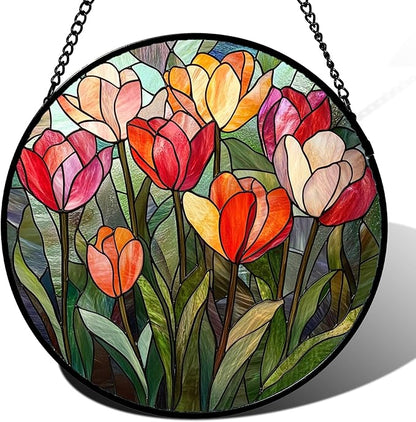 Stained Glass Window Hanging Red and Pink Tulips Large 15" - Plant Suncatcher Door Garden Flower Sun Catcher Home Decor Birthday Christmas for Mom Woman Wife Friend Nana