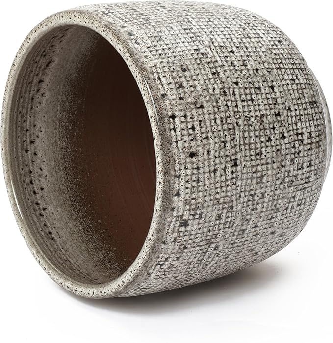 LuxenHome 15.5-Inch Dia Round Ceramic Planter Pot for Outdoor Plants, Gray Grid-Pattern Glazed Large Ceramic Plant Pot with Drainage Hole and Rubber Plug, Indoor Flower Pots for Home Garden Patio