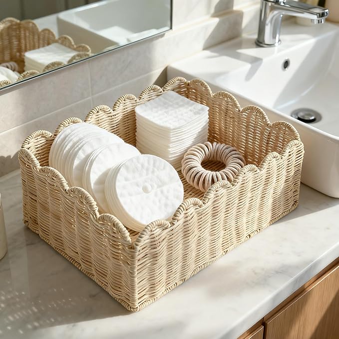 Scalloped Edge Basket, Wicker Storage Baskets, Hand Woven Baskets for Shelves,Natural Baskets for Organizing (S+M-Rattan)