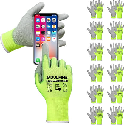 DULFINE Safety Work Gloves PU Coated for Men and Women-12 Pairs,Hi-Vis Seamless Knit Glove with Two Fingers Touchscreen,Ideal for General Duty Work (Large)