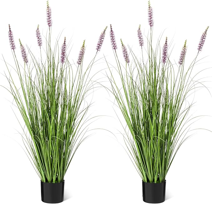 Jexine 2 Pieces Faux Plants Outdoor 4 ft Tall Artificial Lavender Plant Potted Artificial Lavender Faux Greenery Floor Flowers for Housewarming Gift House Garden Bathroom Lobby Outdoor