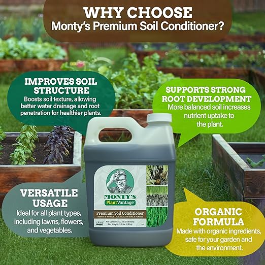 Monty’s Premium Liquid Soil Conditioner with Humic Acid, Organic Amendment for All Soil Types, Increases Moisture Retention & Nutrient Uptake, Enhances Health & Microbial Activity - 32oz