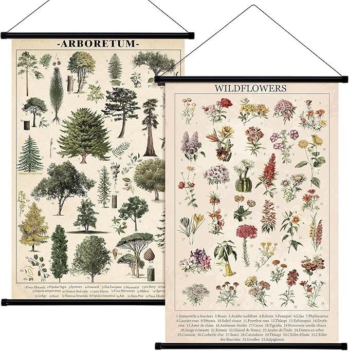 Geosar 2 Pcs Vintage Mushroom Flower Butterfly Tree Poster Fungus Rustic Wall Hanging Illustrative Reference Chart Poster for Bedroom Living Room, 15.7 x 23.6 Inch(Flower, Tree)