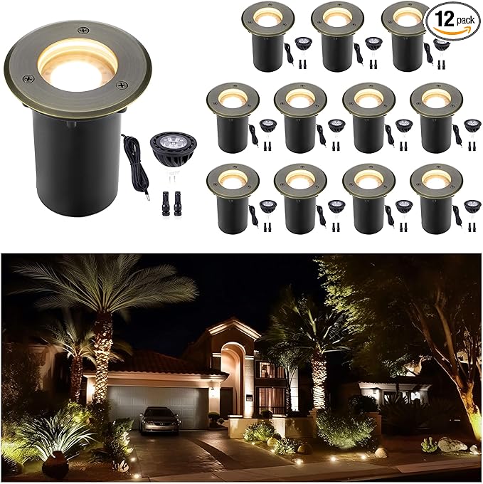 Gardenreet Landscape Low Voltage Well Light - Brass Electric LED 12V in-Grade Lighting, Replaceable Bulb Wired Fixture, Antique Bronze for Wall Yard Pathway with 5000K Daylight White MR16 Bulb