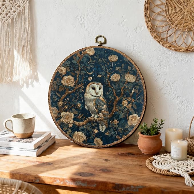 DEQSX Vintage Floral Owl Round Wall Art, Retro Dark Academia Cottagecore Farmhouse Flower Owl Bird Wall Decor Canvas Prints Posters for Home Bedroom Living Room, 10x10 Inches