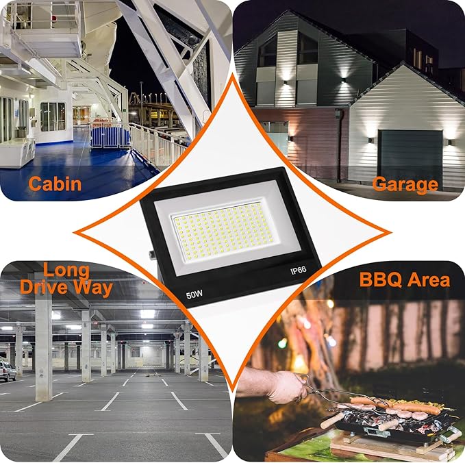 XXBSAZ 50W LED Flood Light Outdoor, Plug-in & Hardwired Security Light, IP66 Waterproof 6500K Daylight for Porch, Shed & Small Outdoor Areas (2 Pack)