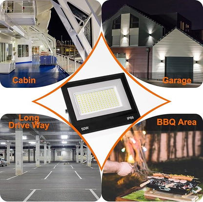 XXBSAZ 50W LED Flood Light Outdoor, Plug-in & Hardwired Security Light, IP66 Waterproof 6500K Daylight for Porch, Shed & Small Outdoor Areas (2 Pack)