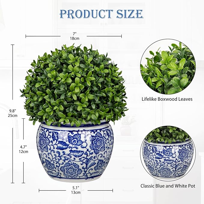 DILATATA Artificial Topiary Boxwood Ball in Blue and White Ceramic Pot, 10 Inch Artificial Boxwood in Planters Decorative Fake Greenery for Table Centerpiece Indoor Plant Home Decor - Medium