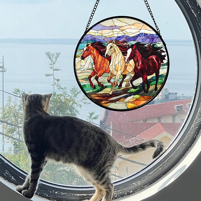 Stained Glass Window Hanging, Colorful Landscape Running Horse Suncatcher for Doors Window Home Sun Catchers Decoration Mother's Day Birthday Gifts for Women, Men, and Mom 9.8x9.8 in