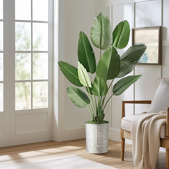 Artificial Tree in Geometric Pattern Planter, Fake Bird of Paradise Silk Tree for Indoor and Outdoor Home Decoration - 58" Overall Tall (Plant Pot Plus Tree)