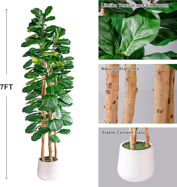 Artificial Fiddle Leaf Fig Tree 7FT, Faux Fig Tree Indoor with Natural Wood Trunk & Realistic Leaves with Moss Pot Fake Ficus Tree Large Faux Floor Plant for Living Room Home Decor, House Plant
