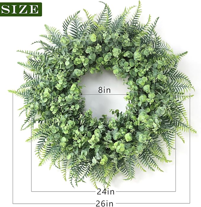 26'' Eucalyptus and Boston Ferns Wreath for Front Door - Large Artificial Greenery Outdoor Wreath for Porch,Window,Farmhouse,Home,Hanging Decor- Spring, Summer, All Seasons (Gray-Green)