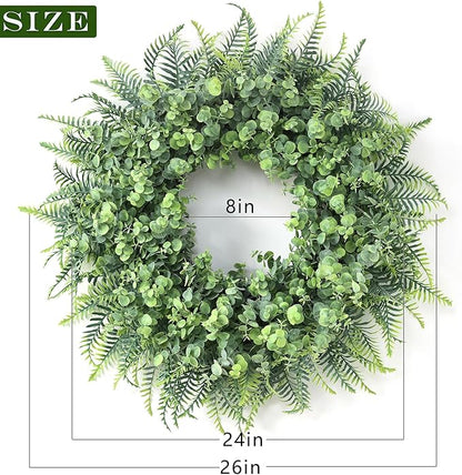 26'' Eucalyptus and Boston Ferns Wreath for Front Door - Large Artificial Greenery Outdoor Wreath for Porch,Window,Farmhouse,Home,Hanging Decor- Spring, Summer, All Seasons (Gray-Green)