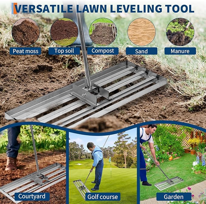 Lawn Leveling Rake 30 Inch, Heavy Duty Yard Leveler Tool with Adjustable Handle (35"-71"), Ground Leveler for Soil, Grass, Lawn and Garden Leveling