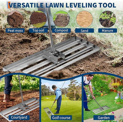 30" x 10" Stainless Steel Lawn Leveling Rake, Professional Grade Levelawn Tool with 78" Adjustable Handle for Soil, Dirt, and Turf Grading, Garden and Yard Leveler
