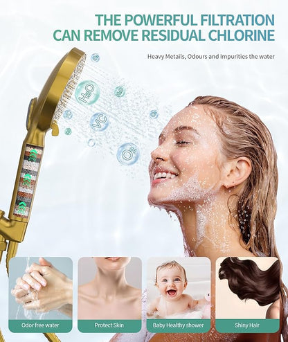 SR SUN RISE Filtered Shower Head with Handheld High Pressure 9 Spray Mode Showerhead Detachable Shower Head Water Softener Filters Beads for Hard Water Remove Chlorine 4 Filters Brushed Gold