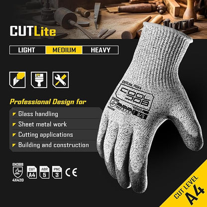 COOLJOB 12/120 Pairs Cut Resistant Safety Work Gloves with Grip, 13 Gauge Seamless Shell with PU Coating, ANSI A2 A4 A6, Gray