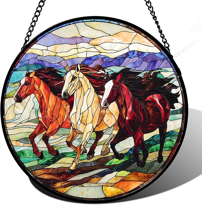 Stained Glass Window Hanging, Colorful Landscape Running Horse Suncatcher for Doors Window Home Sun Catchers Decoration Mother's Day Birthday Gifts for Women, Men, and Mom 6.3x6.3 in