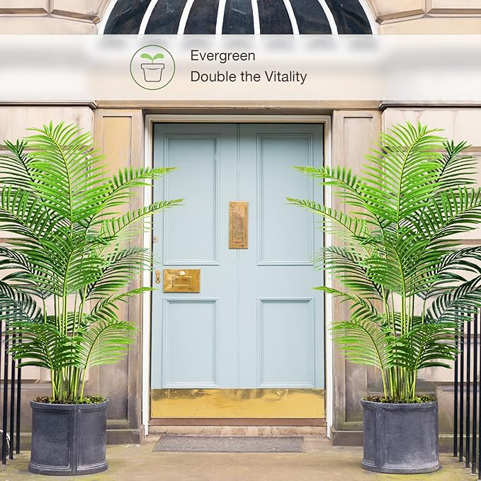Worth Garden 6ft Artificial Areca Palm Plant 2 Packs in Pot, Fake Cane Palm Silk Tree Indoor Outdoor, Dypsis Lutescens, 70in Lifelike Faux Silk Plant Home Decor, Black Pot & 20g Dried Moss Included