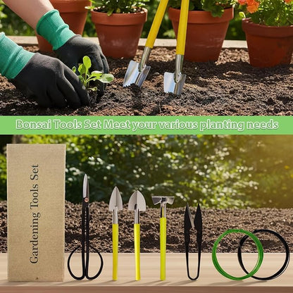Bonsai Tools Set 7Pcs, MOSFiATA Bonsai Tree Tools Kit Succulent Trimming Tools Include Scissors, Cutters, Rake, Round and Pointed Shovel &Training Wire for Bonsai Beginner Gardening Gifts