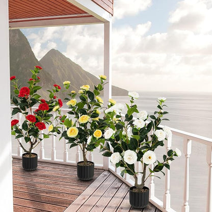 Goplus 38’’ Artificial Camellia Tree, Flower Plants Artificial Tree, Faux Floral Plant Blooming Tree in Cement Pot, Greenery Potted Plant for Indoor Outdoor Office Home Porch Decor