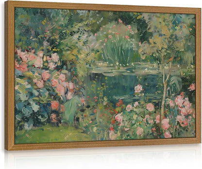 CAZLOUC Vintage Floral Wall Art, Rose Garden Pond Still Life Wall Decor, Retro Romantic Flower Poster Print, Impressionist Botanical Landscape Painting for Bedroom Office Wood Framed 16x24 Inch
