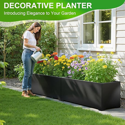 Metal Planter Box 36" L x 15" W x 15" H, Rectangular Trough Planter Box with 6 Drainage Holes & Raised Bottom, All-Weather Garden Planter Box for Outdoor Patio/Porch, Lawn, Black