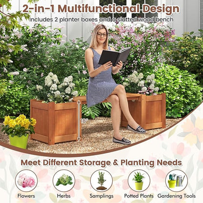 Planter Box Bench Outdoor, Wood Patio Bench with 2 Wood Planter Boxes, Raised Plant Container Garden Bench for Outdoor, Patio, Yard, Deck & Balcony
