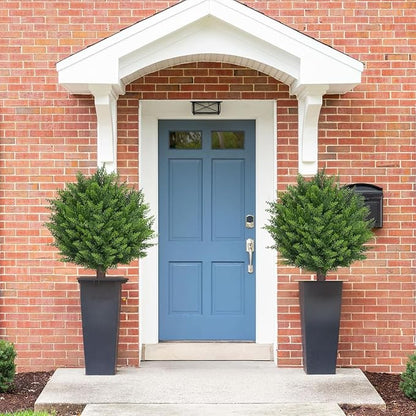 Artificial Set of 2 Cedar Topiary Ball Trees 22" for Outdoors with Ground Spike, UV Resistant Faux Cypress Plants into Anywhere, Evergreen Shrubs Bushes for Room Front Porch Garden Backyard Decor