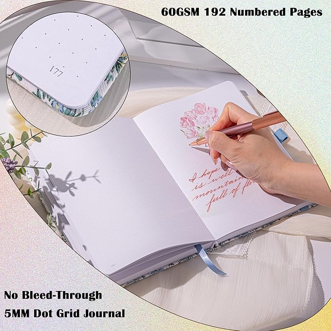 TIEFOSSI Dotted Journal Notebook for Women, A5 Dotted Grid Notebook for Writing, 190 Numbered Pages, 160 GSM Thick Paper, Travel Daily Journal, for Work Home School, Note Taking, Business, 8.4 X 5.8 In