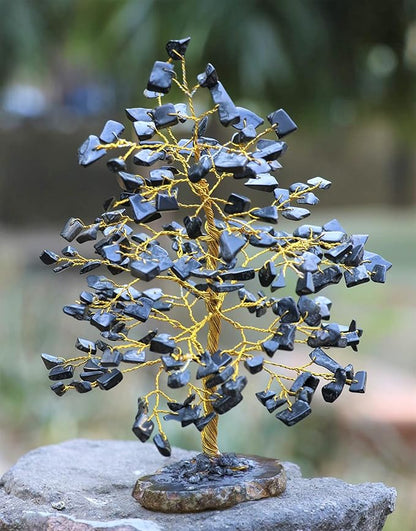 Black Tourmaline Gemstone Tree of Life With Geode Agate Slice Base - Crystal for Positive Energy, Feng Shui Decor, Chakra, Good Luck, Money Bonsai, Healing Stone, Spiritual Gem