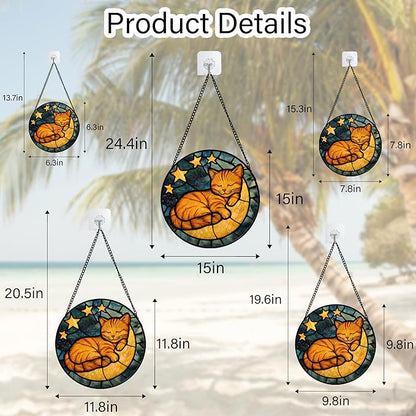 Stained Glass Window Hanging - Orange Cat Sun Catcher for Door Home Decor Stars and Moon Suncatcher Christmas Mother's Day Birthday Loss of a Pet Gifts for Women Men Mom Nana 15 in