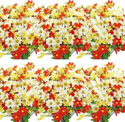 Uieke 12 Bundles Artificial Fake Flowers Outdoors UV Resistant Faux Daisy Mums Silk Flowers Bulk No Fade Shrubs Plants for Indoor Outside Home Wedding DIY Garden Porch Summer Décor (Red White)