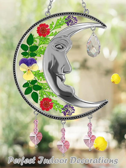 KY&BOSAM Moon Suncatchers Crystal Sun Face Gifts for Mom Family Friends Stained Glass for Windows Wind Chimes Real Flower Colorful Crystal Outdoor for Garden Indoor Home Trees Patio Yard Porch Decor