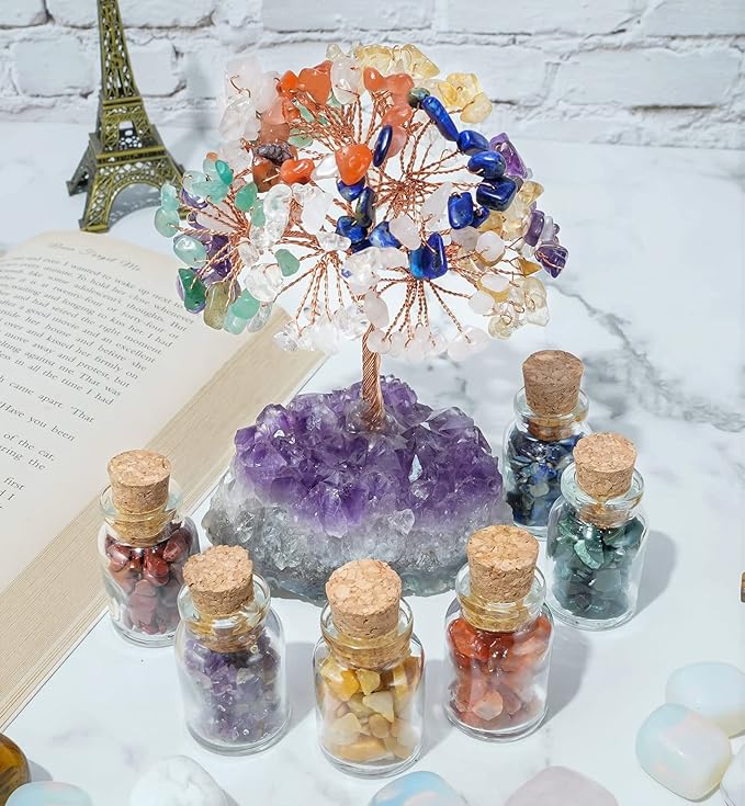 7 Chakra Tree of Life - Crystal Tree for Positive Energy, Gemstone Tree, Feng Shui Tree - Amethyst Cluster Base, Seven Chakra Tree, Money Tree Bonsai,Gem Tree, Healing Crystal Decor - Spiritual Gift