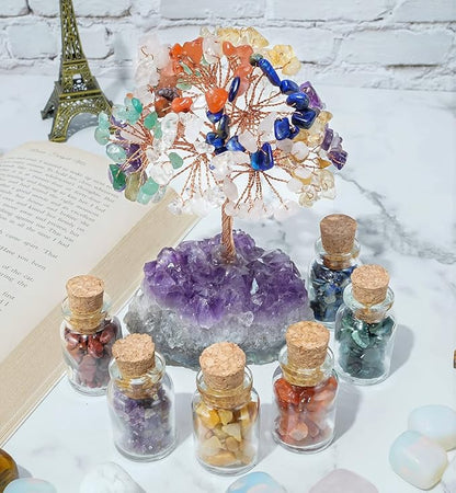 7 Chakra Tree of Life - Crystal Tree for Positive Energy, Gemstone Tree, Feng Shui Tree - Amethyst Cluster Base, Seven Chakra Tree, Money Tree Bonsai,Gem Tree, Healing Crystal Decor - Spiritual Gift