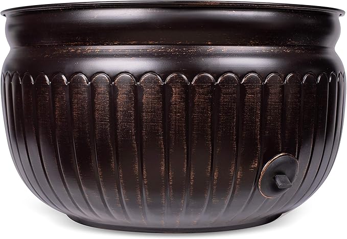 BIRDROCK HOME Water Hose Holder - Decorative Metal Pot, Indoor or Outdoor, Garden Storage Organizer, Patio Portable Bucket - Distressed Bronze, Holds up to 100ft Hoses, Medium No Lid