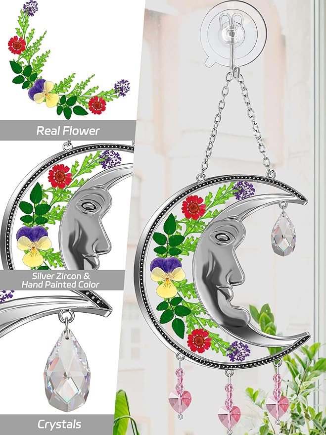 KY&BOSAM Moon Suncatchers Crystal Sun Face Gifts for Mom Family Friends Stained Glass for Windows Wind Chimes Real Flower Colorful Crystal Outdoor for Garden Indoor Home Trees Patio Yard Porch Decor