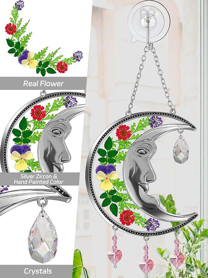 KY&BOSAM Moon Suncatchers Crystal Sun Face Gifts for Mom Family Friends Stained Glass for Windows Wind Chimes Real Flower Colorful Crystal Outdoor for Garden Indoor Home Trees Patio Yard Porch Decor